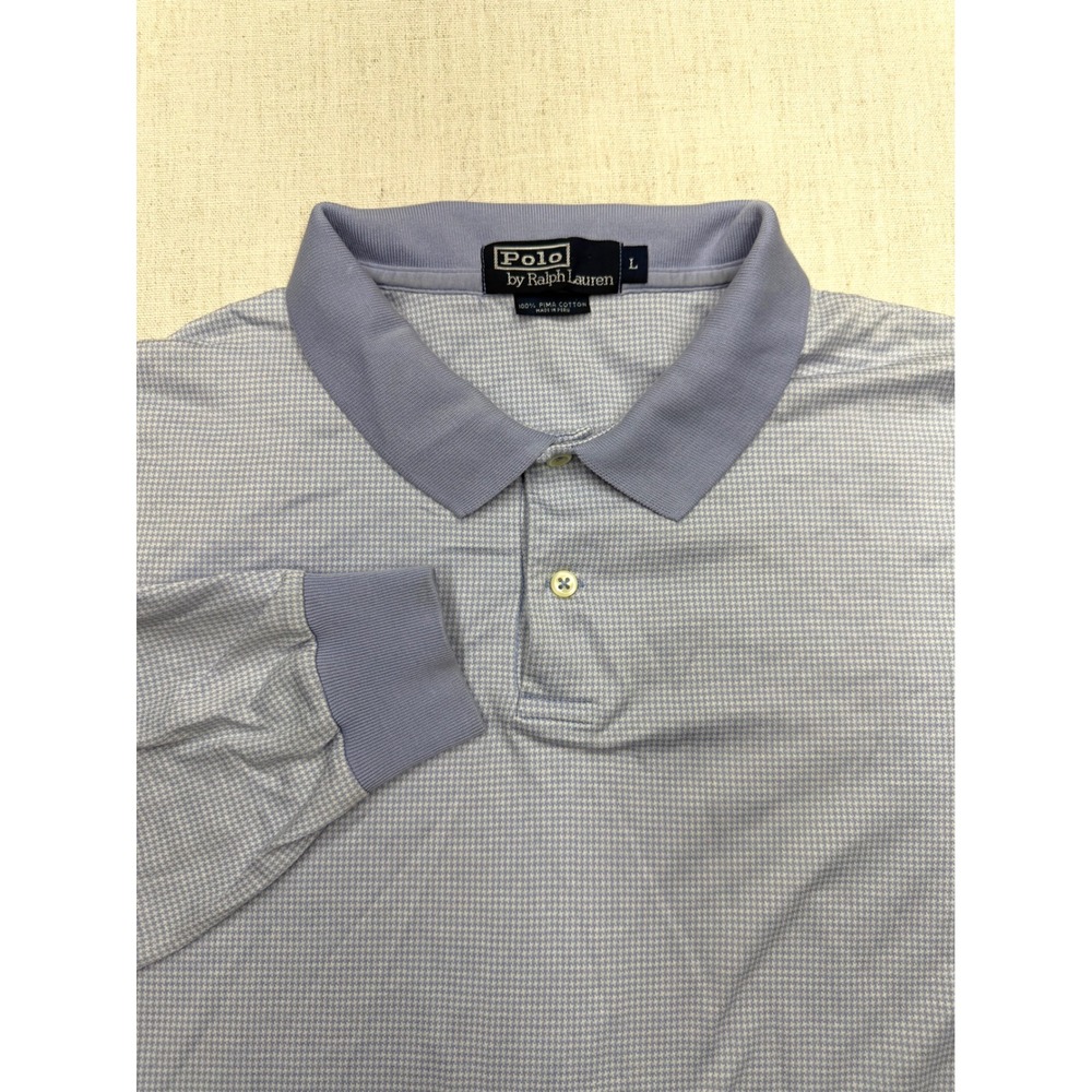 VTG Polo Ralph Lauren Mens L Blue Houndstooth Pima Cotton Long Sleeve Polo Shirt